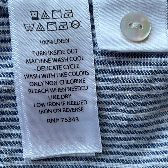 Tahiti 100% Linen Striped Blue Button Down Shirt Cuff Short Sleeve Dress S - Picture 7 of 7